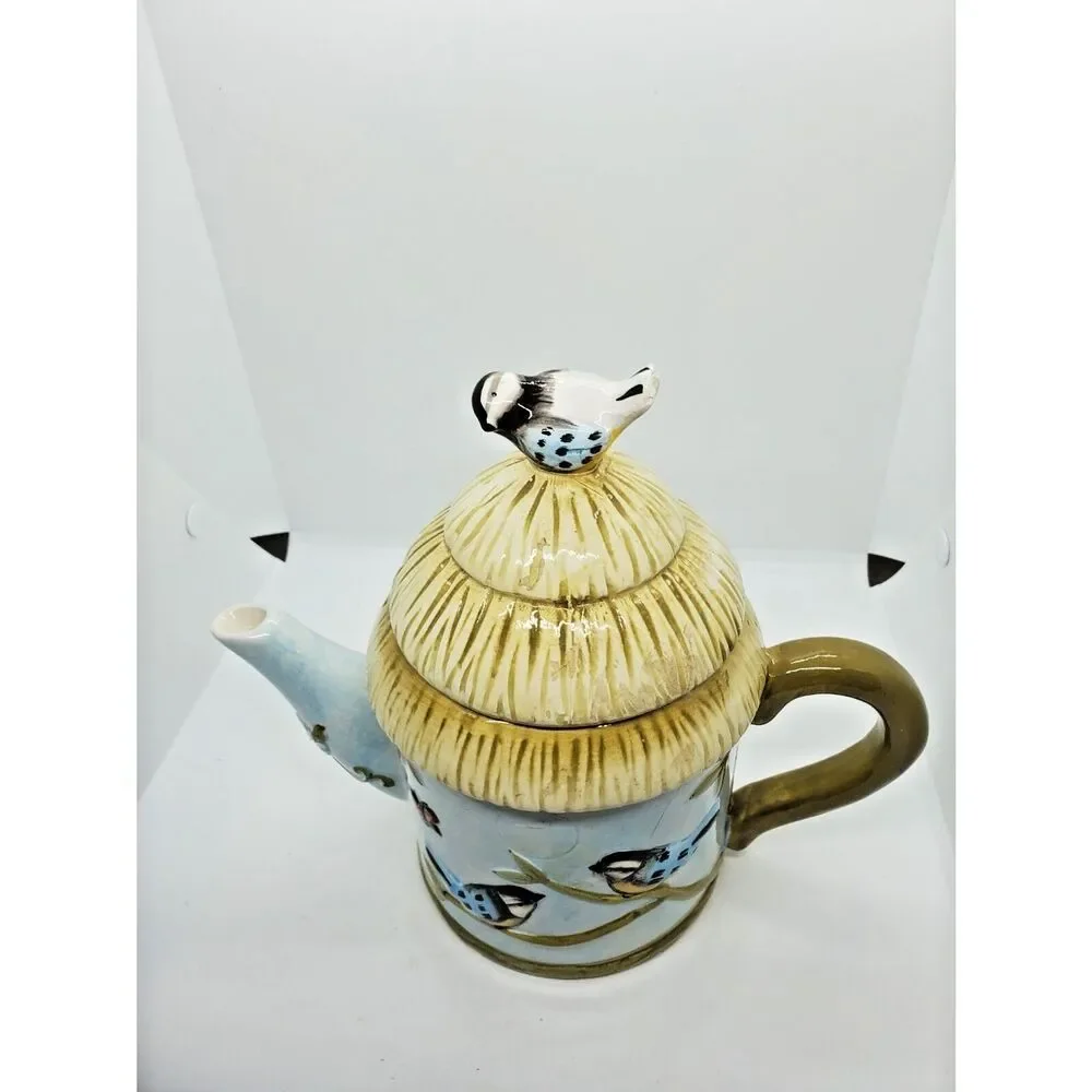 Vintage Bird Teapot Cottagecore Thatched Roof Hand Painted Cottage Tea Pot 6.5